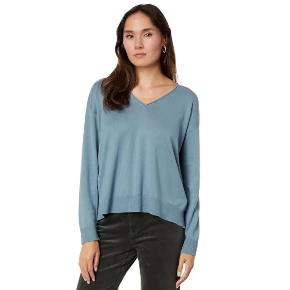 Eileen Fisher V-Neck Organic Cotton Blend Sweater In Blue Steel Boxy Pullover